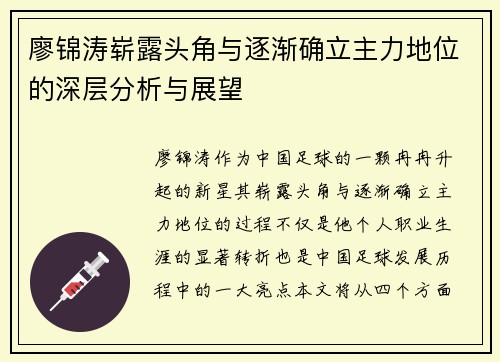 廖锦涛崭露头角与逐渐确立主力地位的深层分析与展望