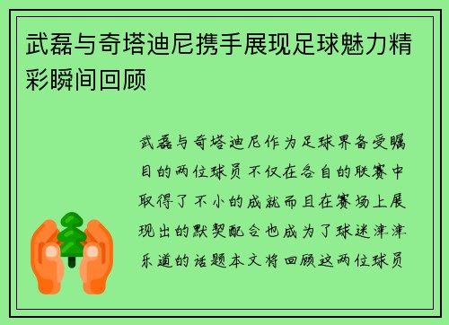 武磊与奇塔迪尼携手展现足球魅力精彩瞬间回顾